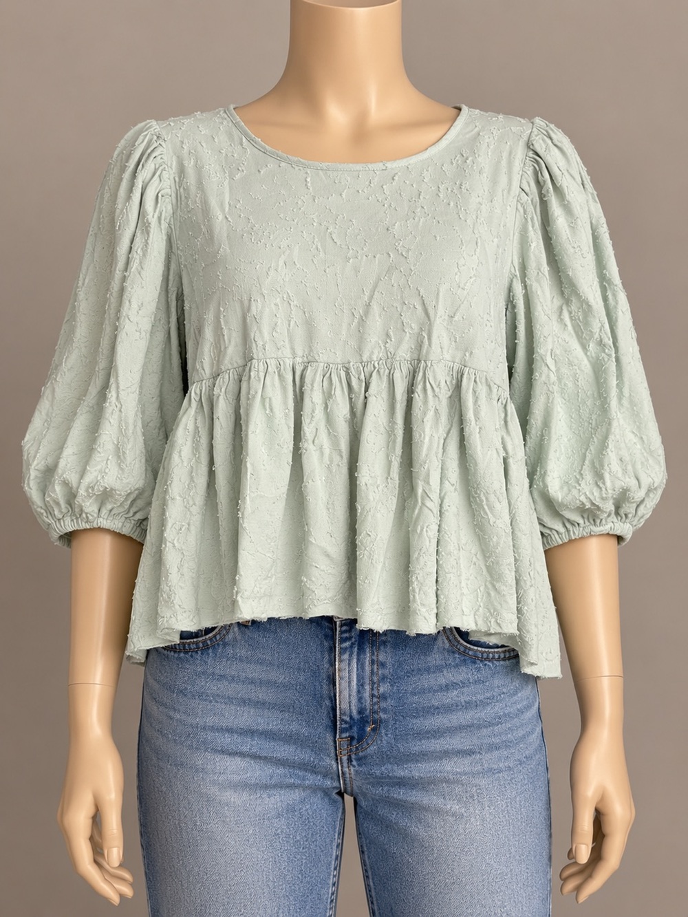 Anthropologie Mint Green Textured Peplum Babydoll Blouse Medium